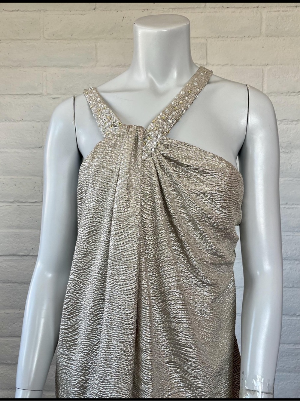 Maggy London Silver Dress with Embellished Strap. Flattering!